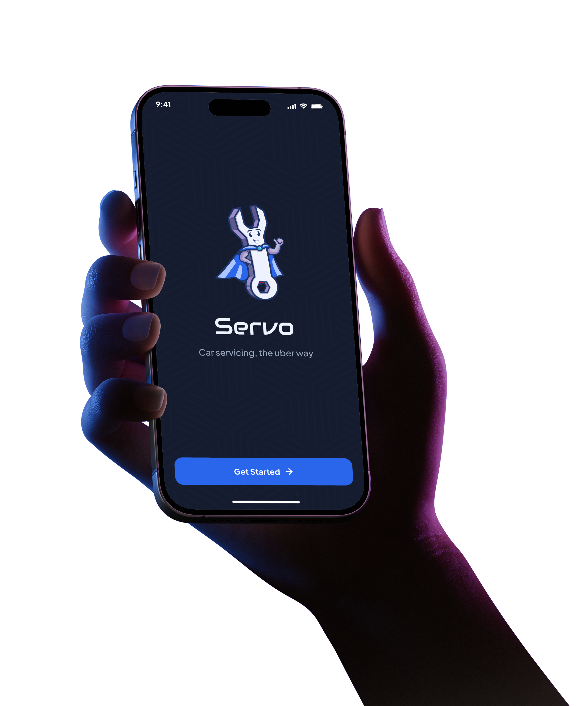Servo welcome screen shown on a phone held in hand
