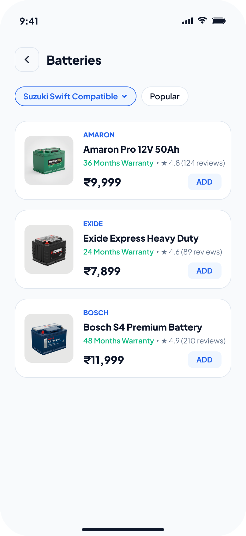 Parts & products screen