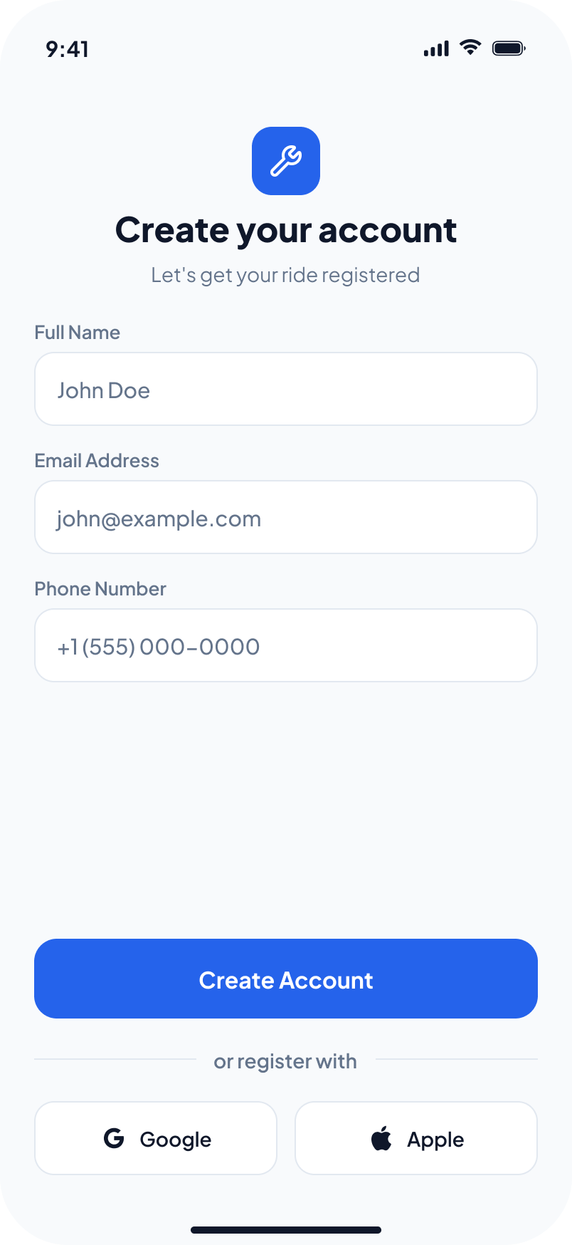 Sign up screen