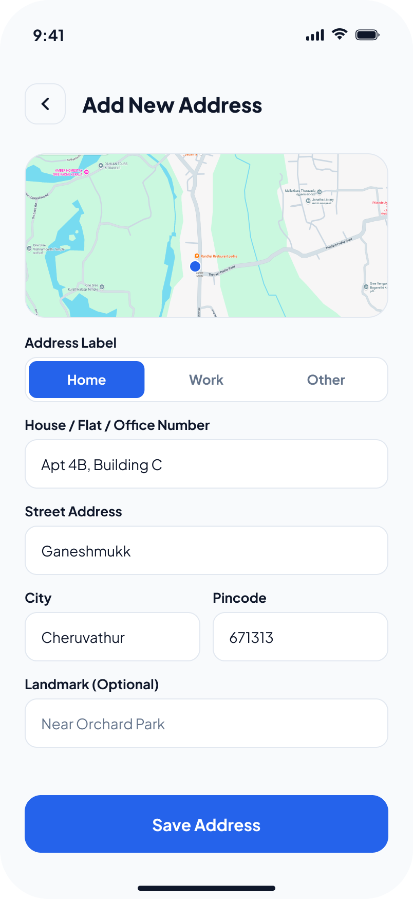 Add address screen