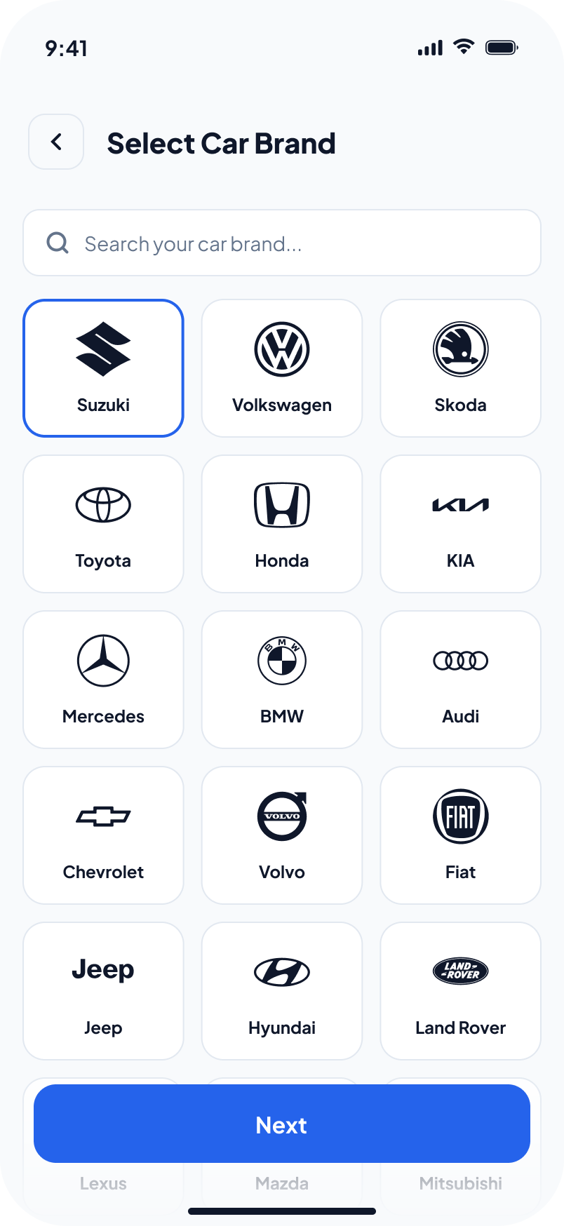 Select car brand screen