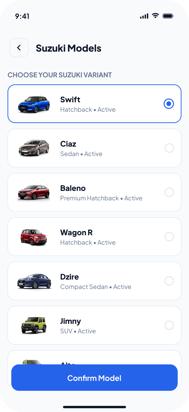 Select car model screen