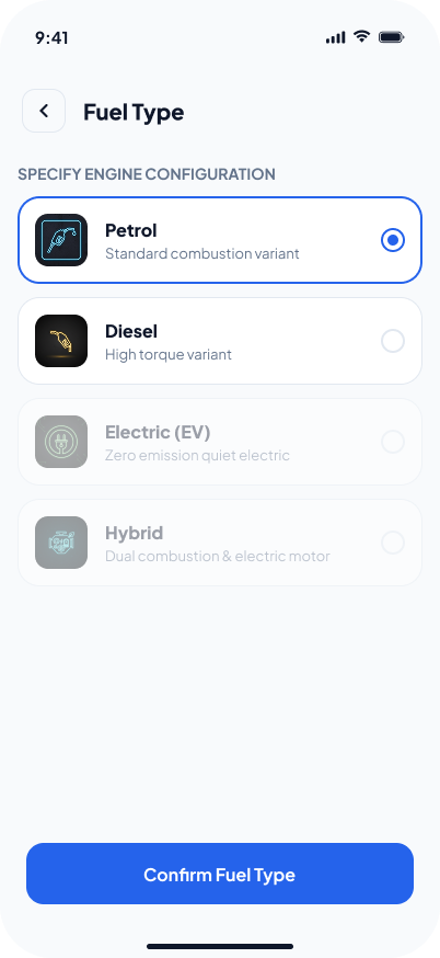 Select fuel type screen